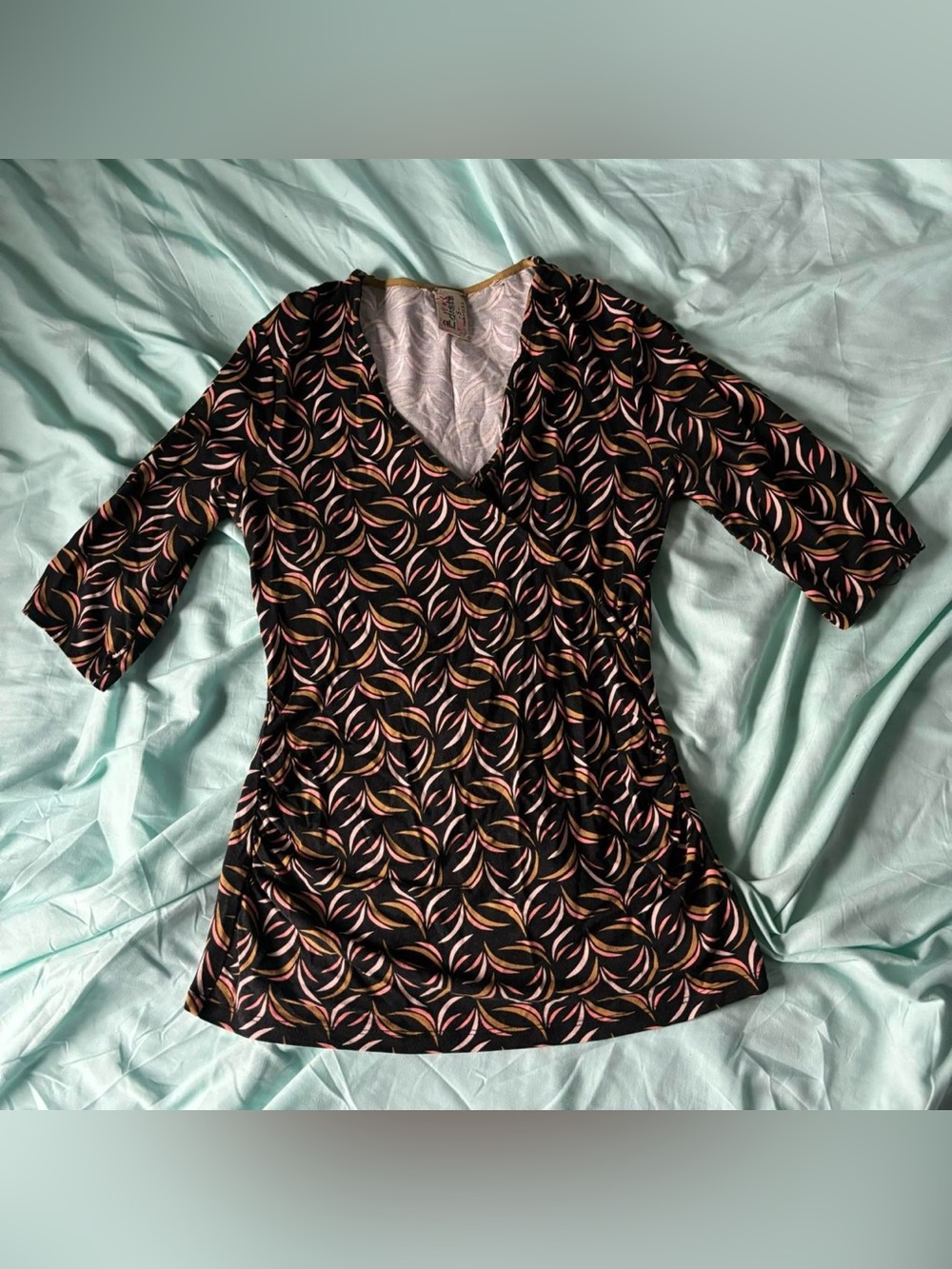 Edista Vintage 90s Abstract Patterned Crossover V-Neck Half Sleeve Blouse Small